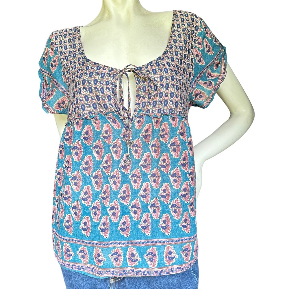 American Eagle Boho Flower Leaf Print Babydoll Peasant Short Sleeve Top Medium